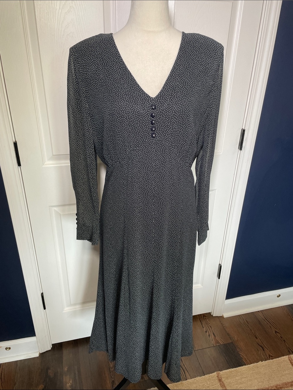 Vintage 90s Liz Claiborne Black Midi Dress White Dots Long Sleeves Size 14P